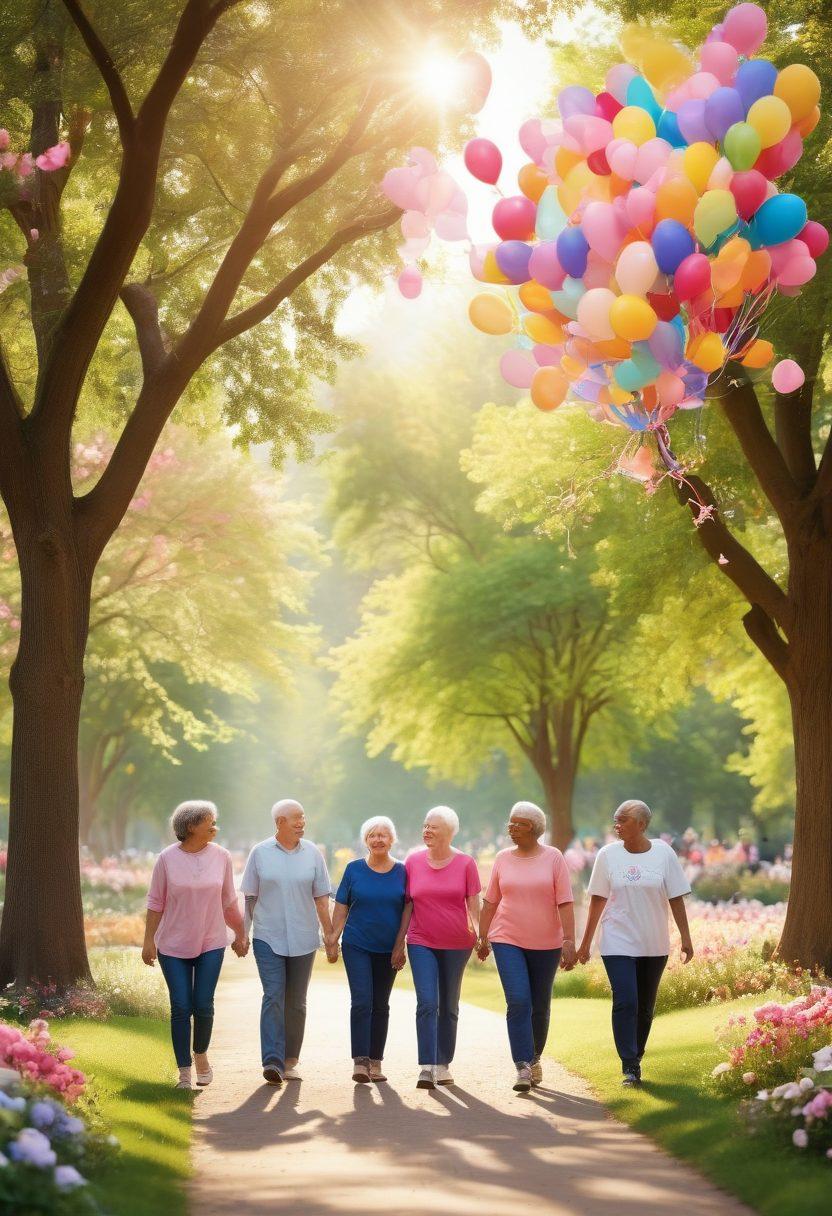 A warm, inviting scene depicting a diverse group of cancer patients and their supporters gathered in a sunny park, sharing smiles and laughter. Include symbols of hope like ribbons and balloons, and a serene backdrop of blooming flowers. Emphasize a sense of unity, support, and advocacy, with gentle sunlight filtering through trees. super-realistic. vibrant colors. soft focus.