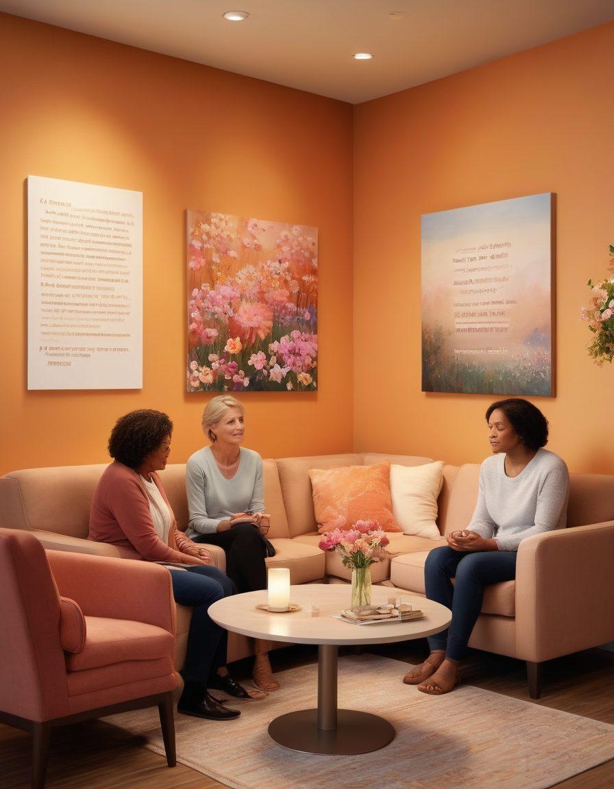 A comforting scene depicting a diverse group of cancer patients and survivors gathered in a cozy support group setting, sharing stories and advice. The atmosphere should be warm and inviting, with soft lighting and supportive visual aids like brochures and wellness tips on a nearby table. Include elements symbolizing hope, like blooming flowers and uplifting quotes on the walls. The background should be softly blurred to emphasize the emotional connection and sense of community. super-realistic. warm colors. cozy setting.