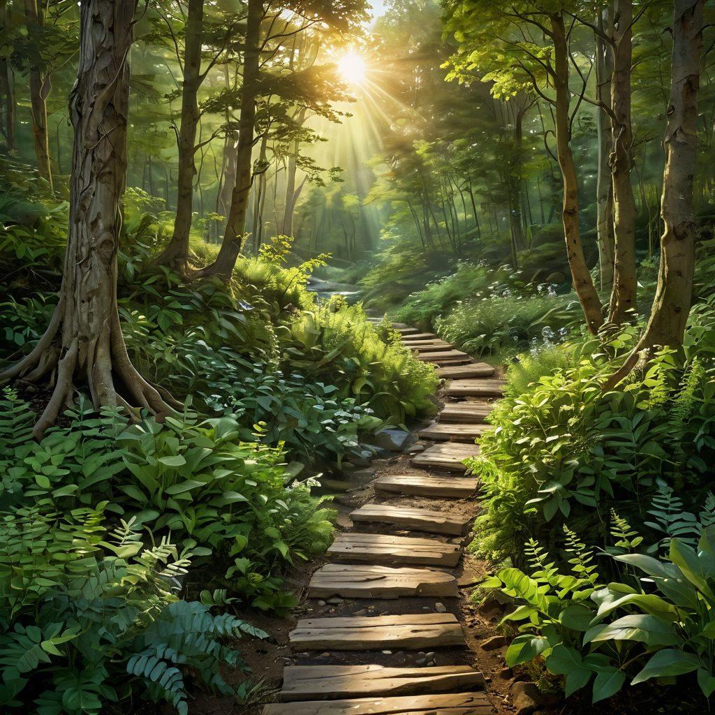 A serene landscape featuring a path through a lush green forest, symbolizing the journey to remission. Include a radiant sunrise casting warm golden light, highlighting diverse herbs and plants along the path, symbolizing holistic health. Depict a gentle stream flowing, representing healing and tranquility. Emphasize a figure of a person walking with hope and resilience. vibrant colors. super-realistic.